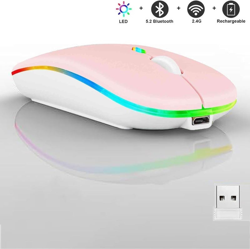 Guiheng 2 Pack Wireless Bluetooth Mouse,LED Dual Mode Rechargeable Silent Slim Laptop Mouse,Portable(BT5.2+USB Receiver) Dual Mode Computer Mice,for Laptop,Desktop Computer,Tablet,Phone,Mac (Pink) - Image 3